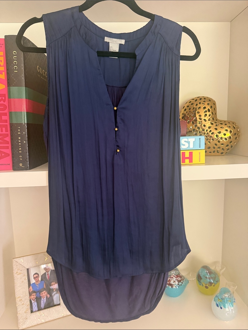 H&M Navy Blue Sleeveless Pleated Camisole with Button Front